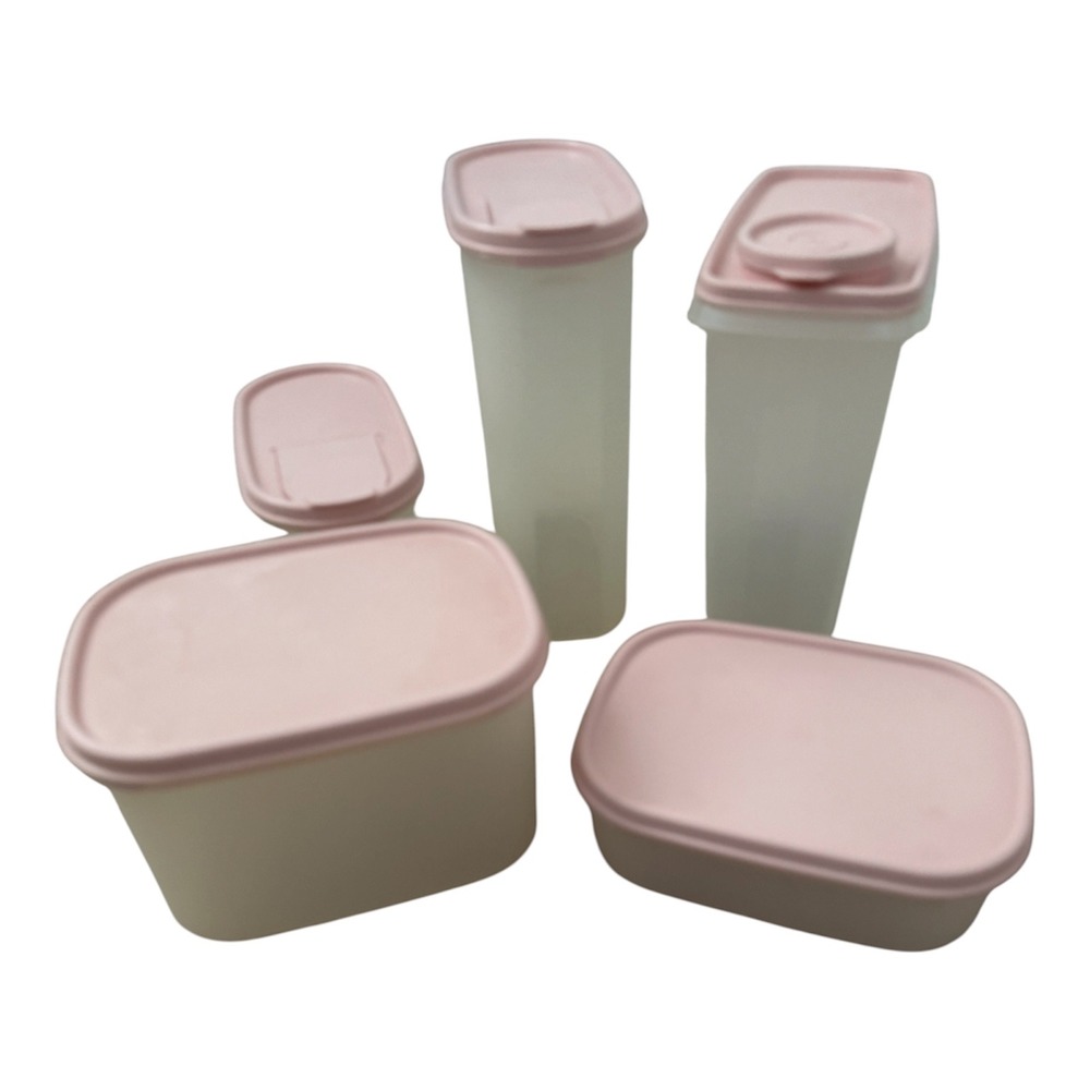 TUPPERWARE Vtg 1980's 5 Piece Set Pink Frosted Clear Pantry Storage Containers